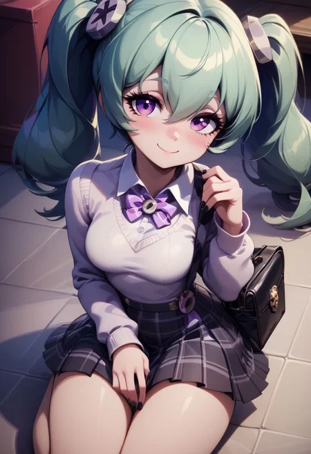score_9, score_8_up, score_8, medium breasts, (curvy), cute, eyelashes,
BREAK,
corin wickes, 1girl, green hair, purple eyes, hair between eyes, twintails, blush,
BREAK,
closed mouth, alternate costume, smile, nail polish, looking at viewer, hand up, collared shirt, blush, sweater, black skirt, black nails, eyelashes, long sleeves, sleeves past wrists, plaid skirt, shoulder bag, black bag, blurry, tile floor, pleated skirt, white shirt,
zPDXL,