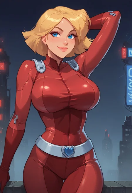 score_9, score_8_up, score_7_up, score_6_up, score_5_up, score_4_up, masterpiece, perfect face, perfect eyes, 4ng3l face, neon city, night time, sexy girl, Sam, 1girl, solo, clover \(totally spies\), blonde hair, short hair, blue eyes, Clover sexy posing, red bodysuit, belt, standing, (large breasts:1.3), thick thighs, seductive look, seductive smile, closed mouth, front view,