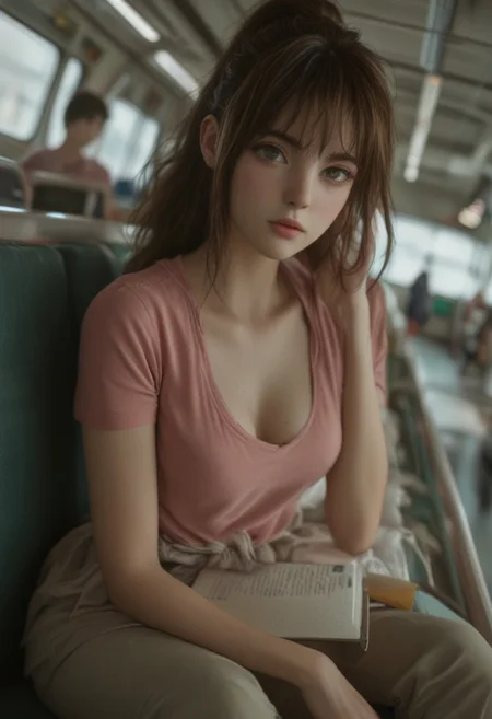 score_9, score_8_up, score_7_up, source_anime, <lora:sexercise-soohyun-yoo-manhwa-ponyxl-lora-nochekaiser:1>, soohyun yoo, long hair, bangs, brown hair, green eyes, ponytail,, shirt, cleavage, pants, clothing cutout, cleavage cutout, pink shirt, clothes around waist, airport, waiting area, suitcase, flight delayed, passengers, reading book, , sitting, elbow rest, table,, looking at viewer, solo,, dutch angle, cowboy shot