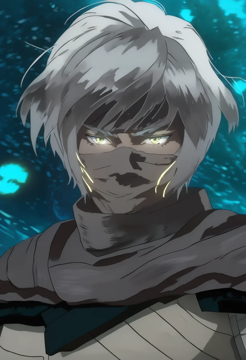 (masterpiece), (best quality), source_anime, score_9, score_8_up, score_7_up, (masterpiece:1.2), (best quality:1.3), 1boy <lora:Iruga_Alam_Ragnarok:0.8> iruga_rota, white hair, scarf, mask, simple background, bandages, upper body, portrait <lora:Anime Style (Vauxz) PONY:0.8>, low-key lighting, lo-fi, glow, dynamic cinematic lighting, ray_tracing, global illumination, masterful composition, dynamic movement