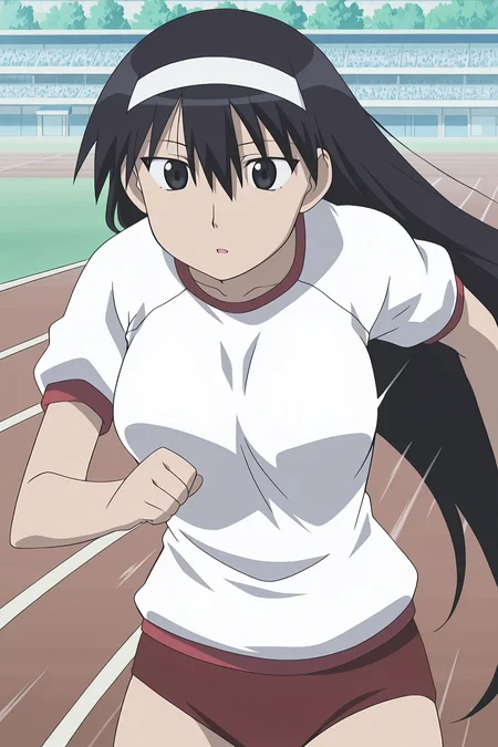 anime screencap, anime coloring, detailed face, masterpiece, best quality, very aesthetic, absurdres, volumetric lighting, official style, amazing quality, ultra detailed, highres, amazing quality, scenery, beautiful detailed hair, beautiful detailed eyes,
<lora:StS-Illustrious-Detail-Slider-v1.0:4>
 <lora:Sakaki_Azumanga_Daioh:1>
Sakaki (character), gym uniform, buruma, black hair, long hair, hairband, 1girl, sol, black eyes, outdoors, solo, breasts, red buruma, white shirt,
on a track field, running, motion lines, motion blur, view from the side