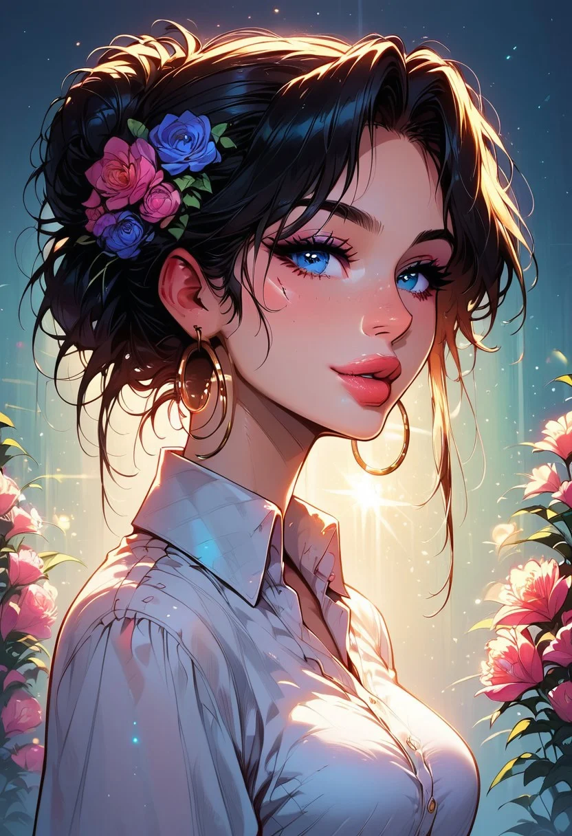(1 girl), ((long black hair blue gradient)), loose bun, ((flowers in hair)), blue eyes, black eyeliner, EyesHD, (slim body), fit, gold hoop earrings (medium size breasts), (puckered lips:1.4), ((glistening skin)), (((high collared shirt))), white sleeves, brown belt with golden buckle, (white leather skirt with pink flower motif),
BREAK
((hands behind waist)), front angle, smiling,
BREAK
(Ultra detailed, hyper detailed photography), 32k, score_9, score_8_up, score_7_up, (perfect skin), perfect picture, smooth lines, (high resolution), masterpiece, anime style, detailed face, detailed hair, (close-up shot)
BREAK
volumetric lighting, god rays, cinematic lighting, dynamic lights, dappled sunlight, side view,
(outdoors), (natural waterfall), (lagoon), sunrise in background