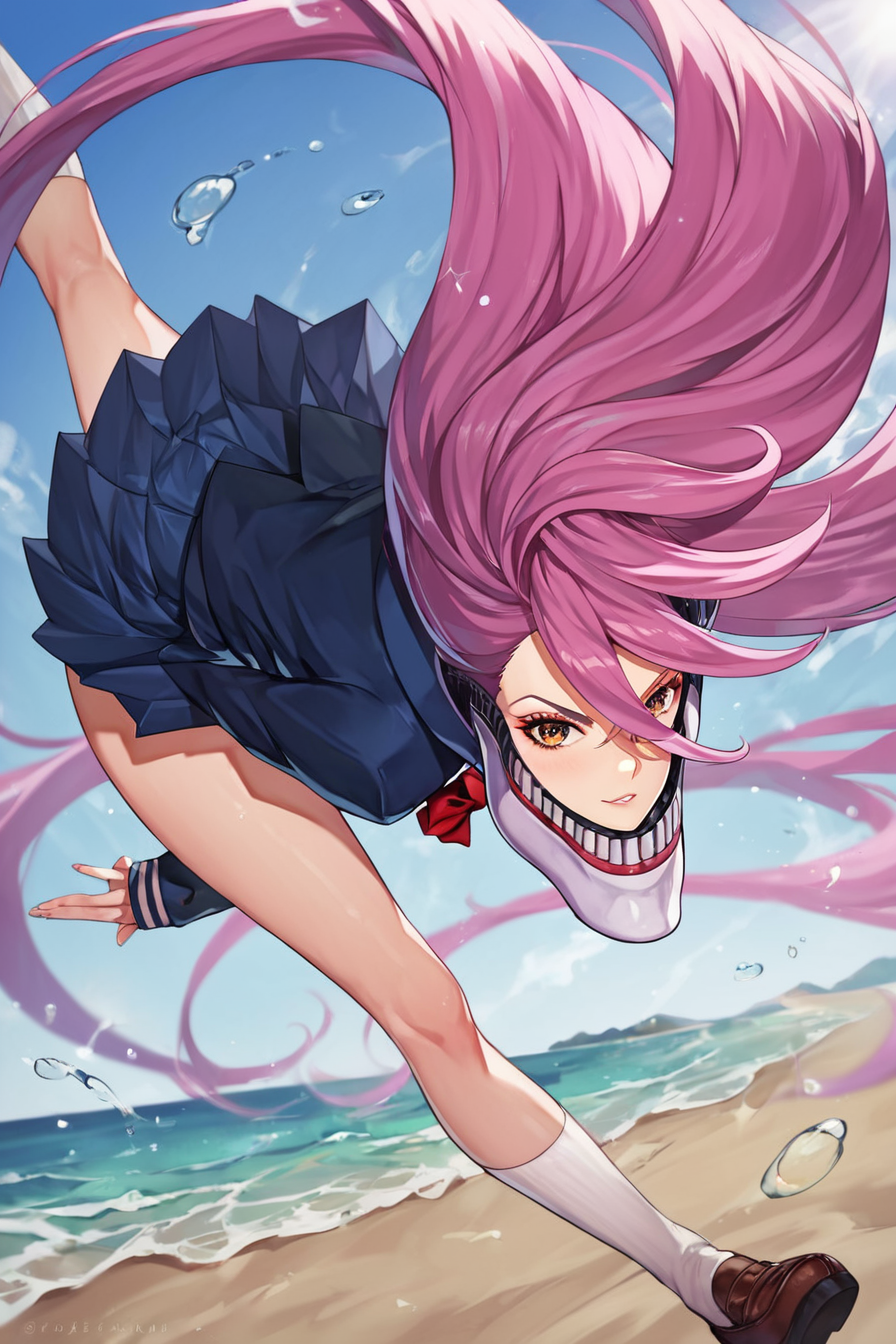score_9, score_8_up, score_7_up, score_6_up, score_5_up, score_4_up, <lora:shiratori_aira_pony:0.8>, shiratori aira dandadan, long hair, pink hair, brown eyes, school uniform, red bow, skirt, sleeves past wrists, mask, one eye covered, teeth, lower teeth only, acrobatics, 1girl, alone, looking at the viewer, masterpiece, highres, highly detailed face, highly detailed shining eyes, symmetrical highly detailed eyes, entire body, legs, beach, sand, sea