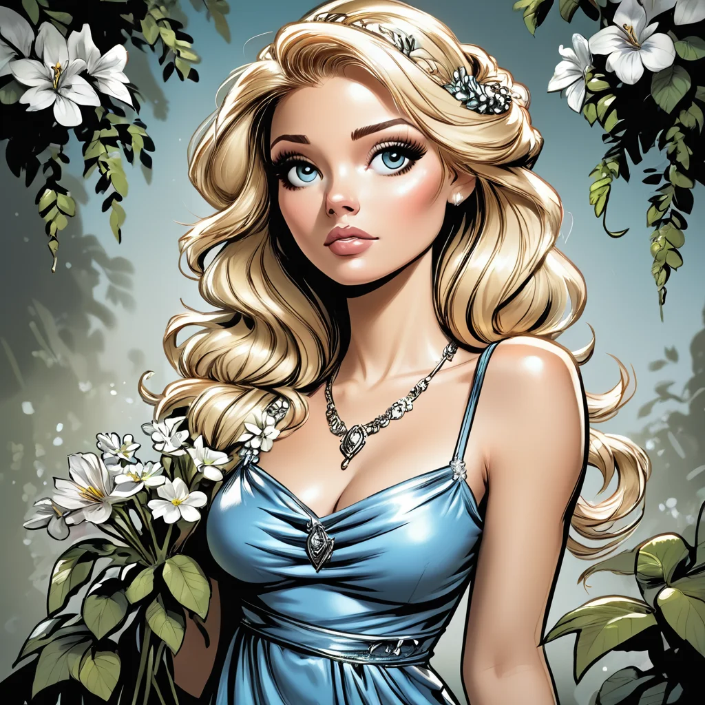 core_9, score_8_up, score_7_up, score_6_up, <lora:Azure_Sketch_IllustrationPony:1>  ArsMJStyle, AzureSketch, Virgo, A woman with long blonde hair in a blue dress and necklace, surrounded by a wreath of flowers and leaves. 1girl, solo, flower, long hair, blonde hair, blue dress, jewelry, hair ornament, serene.