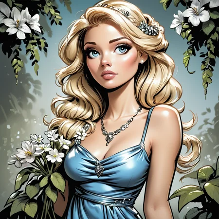 core_9, score_8_up, score_7_up, score_6_up, <lora:Azure_Sketch_IllustrationPony:1> ArsMJStyle, AzureSketch, Virgo, A woman with long blonde hair in a blue dress and necklace, surrounded by a wreath of flowers and leaves. 1girl, solo, flower, long hair, blonde hair, blue dress, jewelry, hair ornament, serene.