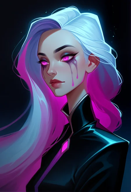 score_9, score_8_up, score_7_up, score_6_up, 1girl, 18 years old, solo, A portrait of a stunning woman illuminated by vibrant UV colors. Her skin glows with shades of neon pink, electric blue, and luminous purple, creating an ethereal, otherworldly effect, Her features are soft yet striking, with flowing hair that shimmers in neon hues, reflecting the UV light. Her eyes radiate intensity, enhanced by glowing makeup in bright, iridescent colors, The background is dark, making the neon colors stand out vividly, giving the portrait a dreamlike atmosphere, as if she exists in a world bathed in ultraviolet light
