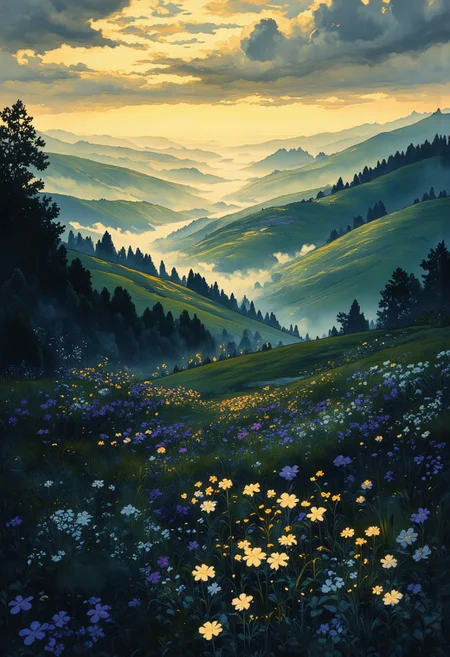 A breathtaking, mystical landscape at dusk. In the foreground, a dark wildflower meadow sways gently in the evening breeze, its blossoms glowing faintly in the fading light. Beyond the meadow, an endless expanse of rolling green hills stretches into the distance, carved by winding rivers that shimmer like silver threads. A deep valley nestles between the hills, where ancient trees rise, their silhouettes softened by the golden haze of twilight. The sky above is a masterpiece of dense, dramatic clouds, illuminated from within by the last light of the setting sun, casting ethereal beams that bathe the land in an otherworldly glow. cpstyle, dfmstyle, Studio Ghibli Dark Fairytale, lndscpx