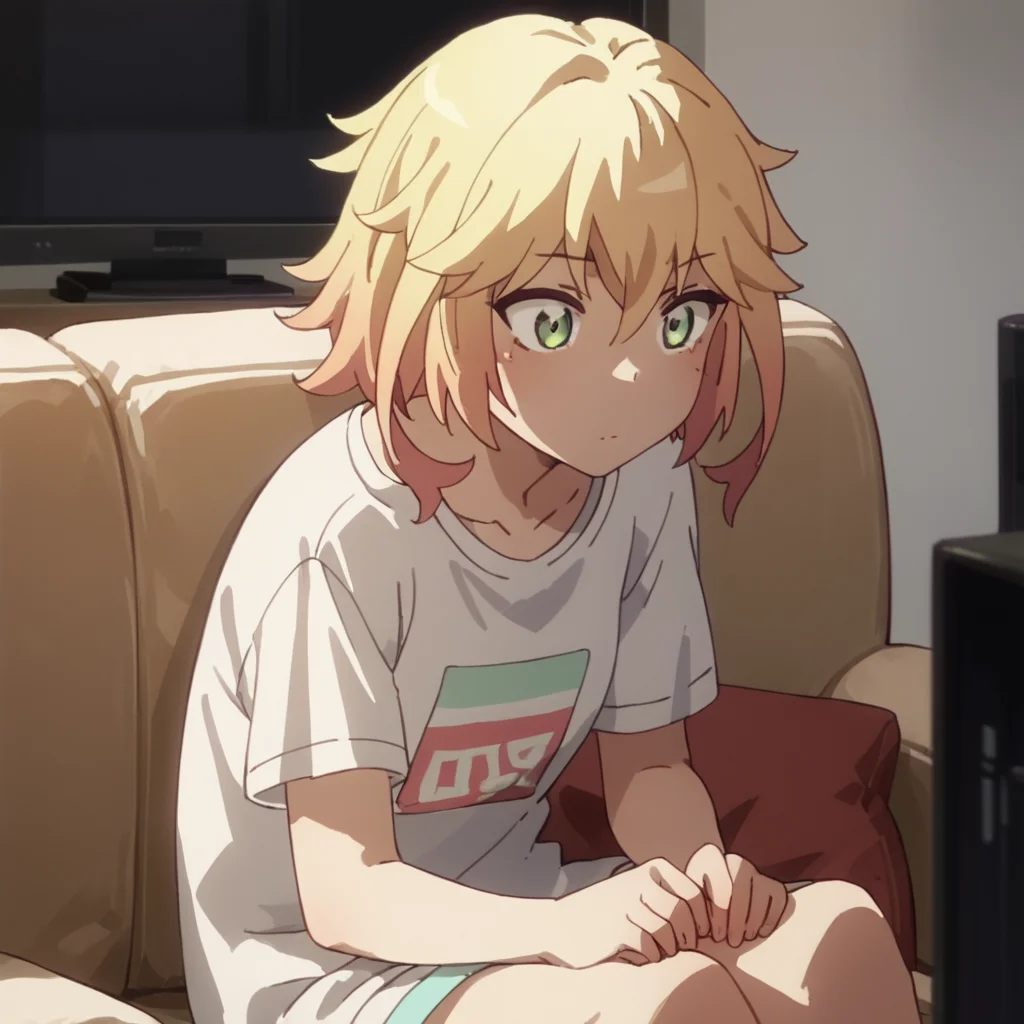 score_9, score_8_up, score_7_up, score_6_up, score_5_up, score_4_up, source_anime,  Tapris_DO, sitting, couch, long shirt, white shirt, watching tv,, multicolor hair, blond hair