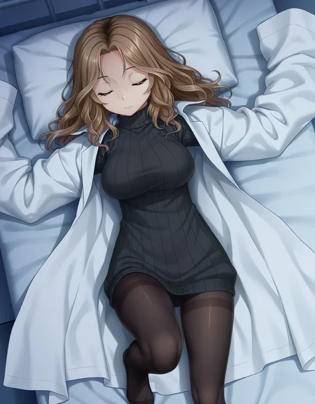 1girl, solo, Amamiya, brown hair, long hair, wavy hair, closed eyes, sleeping, (closed mouth:1.2), large breasts, black sweater, turtleneck, ribbed sweater, lab coat, sleeves past fingers, thighband pantyhose, lying, on back, spread arms, arms up, one knee up, on bed, big bed, pillow, from above, dutch angle, (dark theme, low light:0.7) <lora:amamiya_sb_ilxl_v1:0.8>