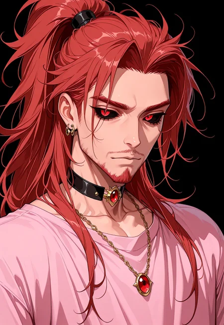 masterpiece, best quality, absurdres, very aesthetic, D3ND3N, 1boy, male focus jewelry, red eyes, solo, red hair, necklace, choker, shirt, facial hair, long hair, ponytail, colored sclera, black background, black sclera, earrings, pink shirt, upper body, , looking at viewer, bishounen,