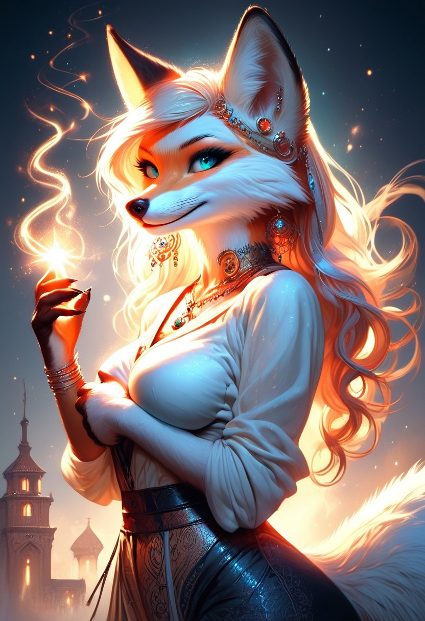 score_9, score_8_up, score_7_up, score_6_up, score_5_up, score_4_up, leHDR,UHD,8K, darkness, illustration, disheveled hair Expressiveh, anthro fox female,foxfolk, white fur, busty, peach ass, covering breasts,covering with hands,intricate details, earrings, darkness, very detailed, intricate, perfect light, sharp focus, cool colors, ambient, elegant, highly decorated, deep aesthetic, colorful, magic, mystical, scenic, warm bright, vibrant, unique, best, winning, thought, romantic,  illuminated,rich, symetry,realistic,  low light, looking from the side at viewer,OverallDetail,novuschroma60 style bokeh