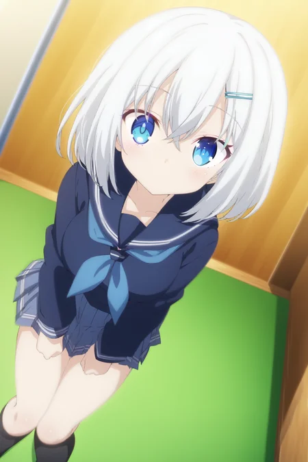 animation cell, anime, anime screencap,  1girl, mouthless, looking at viewer, school uniform, full body, white hair, short hair, hairpin, massive eyes, huge eyes, ((short)),  <lora:Anime_Screencap:0.7>,  <lora:origami-tobiichi-s1s2-ponyxl-lora-nochekaiser:0.6>, tobiichi origami, blue eyes, <lora:Mouthless Anime_epoch_10:1.3>, mouthless, dutch angle,