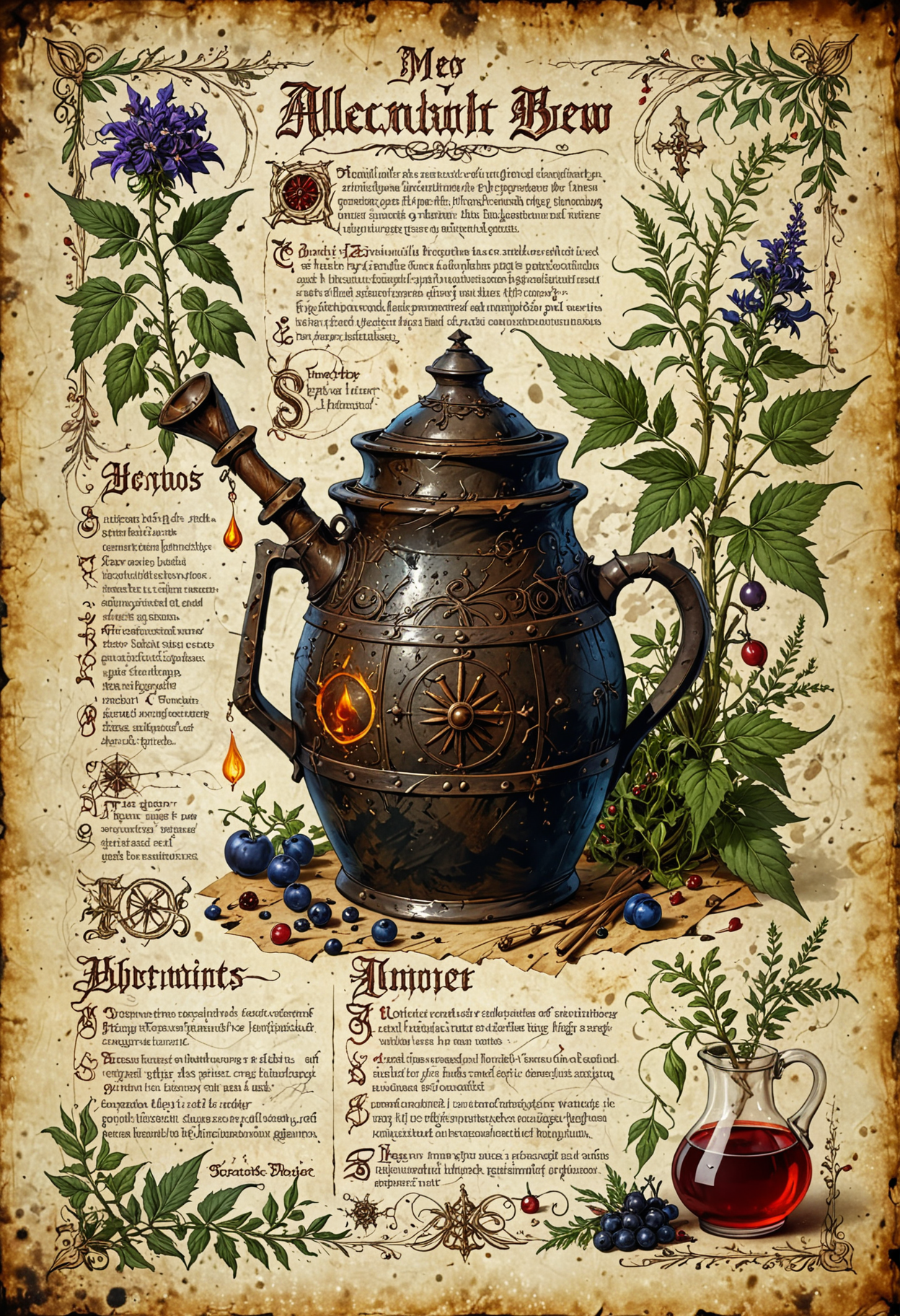 illustrated medieval recipe of alchemist brew made with occult ingredients and demonic plants, on parchment with scratches, intricate details, muted colors, high resolution
<lora:EpicF4nta5yXL:0.8>
<lora:add-detail-xl:1>
<lora:WildcardX-XL-Detail-Enhancer:1>
<lora:MJ52:0.375>
<lora:CinematicStyle_v1:0.42>