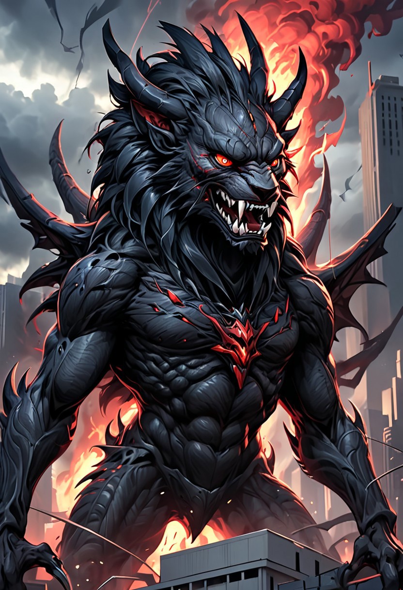 A Giant black lion Fenrir, protruding from gigantic city, fire emanates from its mouth, webbed wings, steel claws, horns, red eyes, angry, anger, 1lion, anthro, webbed wings, steel claws, horns, (((lion king head))), (((solo))), demonic, necromancy, xenomorphic skin, xenomorphic toes, focus, red eyes, demonic  angry, anger, realistic illustration, 4K, detail, apocalyptic, lightning, darkened sky. Background shapes mimic the blurred motion of the surroundings, creating a sense of urgency and excitement. The overall atmosphere is energetic and vibrant, capturing the essence of competition and speed in a modern, artistic style. Hyper-detailed digital art, contemporary and dynamic, vibrant colors, highly detailed, 8K resolution.
style of greg rutkowski, janek sedlar, jenny saville:0]  <lora:vivid_everclear:0.35>  <lora:Sinozick:0.35>  <lora:MJ52:0.35>