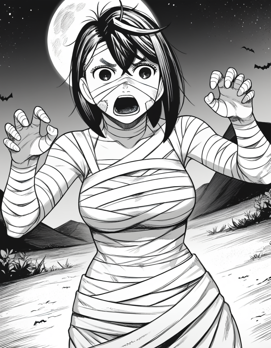 score_9, score_8_up, score_7_up, source_anime, <lora:momo-ayase-manga-ponyxl-lora-nochekaiser:1>, momo ayase, short hair, bangs, thick eyebrows, monochrome, greyscale, medium breasts,, <lora:mummy-costume-ponyxl-lora-nochekaiser:1>, mummy costume, bandages, halloween costume, bandaged arm, zombie pose, bandage on face,, desert, moon, night, open mouth, , dutch angle, cowboy shot