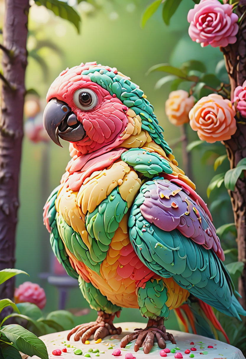 GelatoStyle, closeup photo of colorful parrot, big eyes, detailed legs, blooming tree, early morning<lora:GelatoStyleV1_5-000017:1>