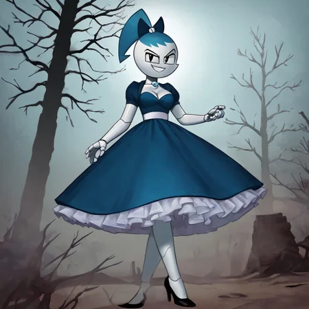 (Masterpiece, best quality:1.2), score_9, score_8_up, flat color, flat shading, soft shading, lighting, Jenny Wakeman as an adult, (((in a 1950's full length formal dark blue dress, a white belt, a fluffy frilly ruffled full white petticoat, and black high heels))), dress, layered petticoat, frilly petticoat, fluffy petticoat, full petticoat, detailed petticoat, wide skirt, detailed outfit, flowing skirt, (((long skirt))), (((solid dark blue colored dress, black high heels))), blue hair, series accurate, cute, best high quality, high res, robot, humanoid robot, (((big breasts, cleavage))), whole body shot, 1girl, (((solo, outside, in a dark creepy forest, at night, heavy fog surrounding her, fog, heavy fog, looking at you, low angle))), (((evil, evil smile, determined evil eyes, posing gracefully and evilly))), low angle shot, cartoon, cartoon style, vector, solo, circle dress, 1950s, dance dress jenny, jenny wakeman, 1girl, solo, robot joints, black eyes, white skin, ponytail, hair bow, blue rose chest corsage, poofy dress, blue hair, flat lighting,