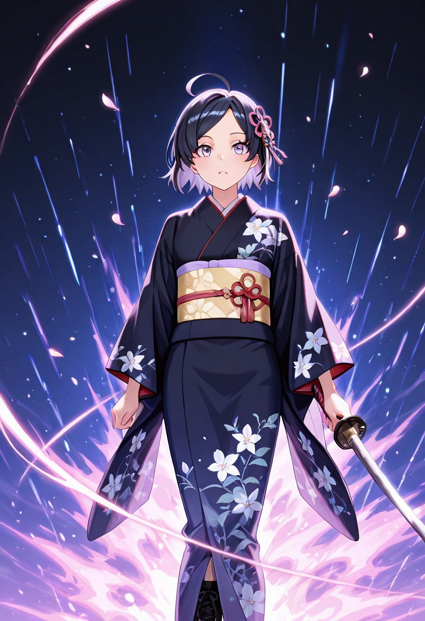 <lora:YahariOreNoSeishunLoveComedy_HikigayaKomachi_IlluXL:0.9>, Hikigaya Komach, anime_girl black_hair_with_pink_highlights Purple_eyes cheery_expression floral_hair_ornament_with_pink_flower traditional_kimono_with_cherry_blossom_pattern dark_blue_kimono_with_pink_and_white_flowers intricate_kimono_design_with_gold_accents holding_katana_with_both_hands glowing_katana_with_energy_trail dynamic_action_pose cherry_blossom_petals_floating_in_air vibrant_neon_pink_and_cyan_color_scheme dramatic_lighting_with_glowing_effects energy_aura_with_sparkling_particles black_lace-up_boots_with_shiny_finish detailed_background_with_splashes_of_pink_and_blue fantasy_warrior_theme strong_female_character ethereal_and_mystical_atmosphere high_contrast_art_style anime_illustration_with_digital_painting