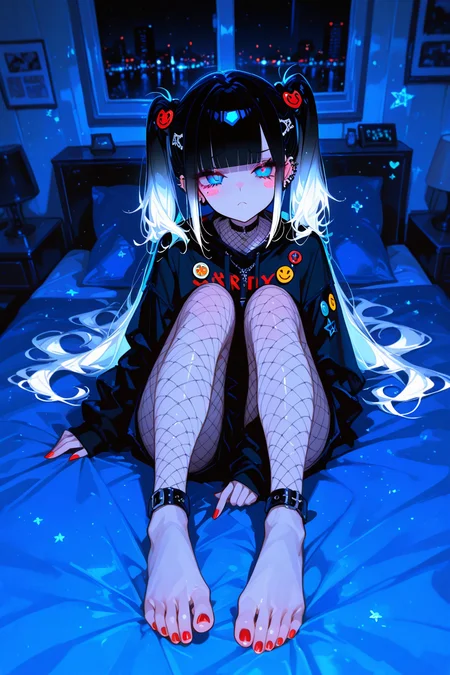 masterpiece, best quality, Good quality, very aesthetic, absurdres, newest,
BREAK
1girl, solo, long_hair, looking_at_viewer, blush, black_hair,gradient hair,white hair,hair_ornament, jewelry, twintails, blue_eyes,heart, earrings, blunt_bangs, star_\(symbol\),
BREAK
slutty,horny,sexually suggestive,
BREAK
mole,mole_under_eye,frown, blush_stickers, red_nails, ear_piercing, short_twintails,straight-on, badge,extra_eyes, button_badge, sticker, smiley_face,
BREAK
((lying,full body,fishnets, barefoot,))(on_bed,indoors,dark,night)
BREAK
<lora:USNR STYLE_XL_loha:0.4> <lora:MoriiMee_Gothic_Niji_Style__Pony_LoRA:0.7> <lora:ppw_v7_Illuv1.0_1_r2:0.3> <lora:XXX477:0.6>