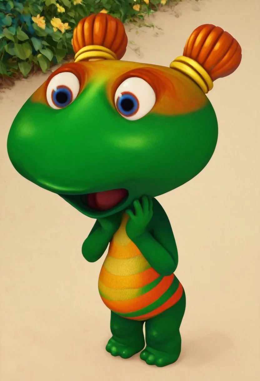 lulu zipadoo, 1girl, furry, anthro, female turtle (frog shaped head), green skin, blue eyes, orange eyelid, orange hair, yellow hair ties, pigtails, wide head, chibi, 3 oranges stripes around belly, plump, little tail, wide hips, short body, short legs, Expressiveh, realistic, 3d, wide eyed, score_8_up, score_7_up, BREAK, 1girl, solo, closeup, shocked, :o, hands on cheeks, no shell, bare hands