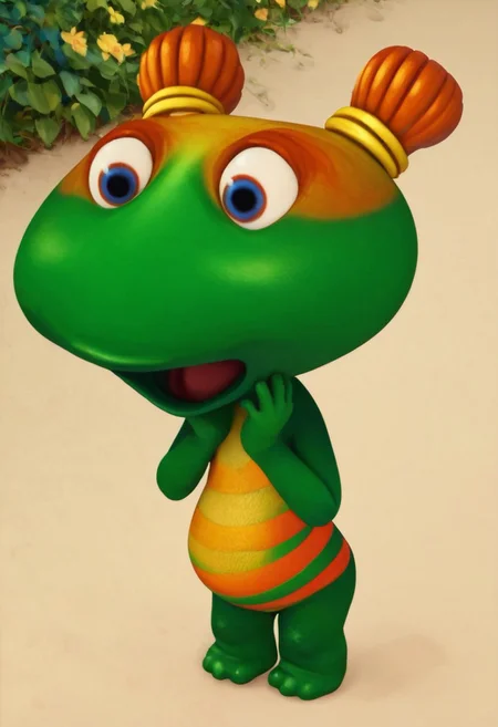 lulu zipadoo, 1girl, furry, anthro, female turtle (frog shaped head), green skin, blue eyes, orange eyelid, orange hair, yellow hair ties, pigtails, wide head, chibi, 3 oranges stripes around belly, plump, little tail, wide hips, short body, short legs, Expressiveh, realistic, 3d, wide eyed, score_8_up, score_7_up, BREAK, 1girl, solo, closeup, shocked, :o, hands on cheeks, no shell, bare hands
