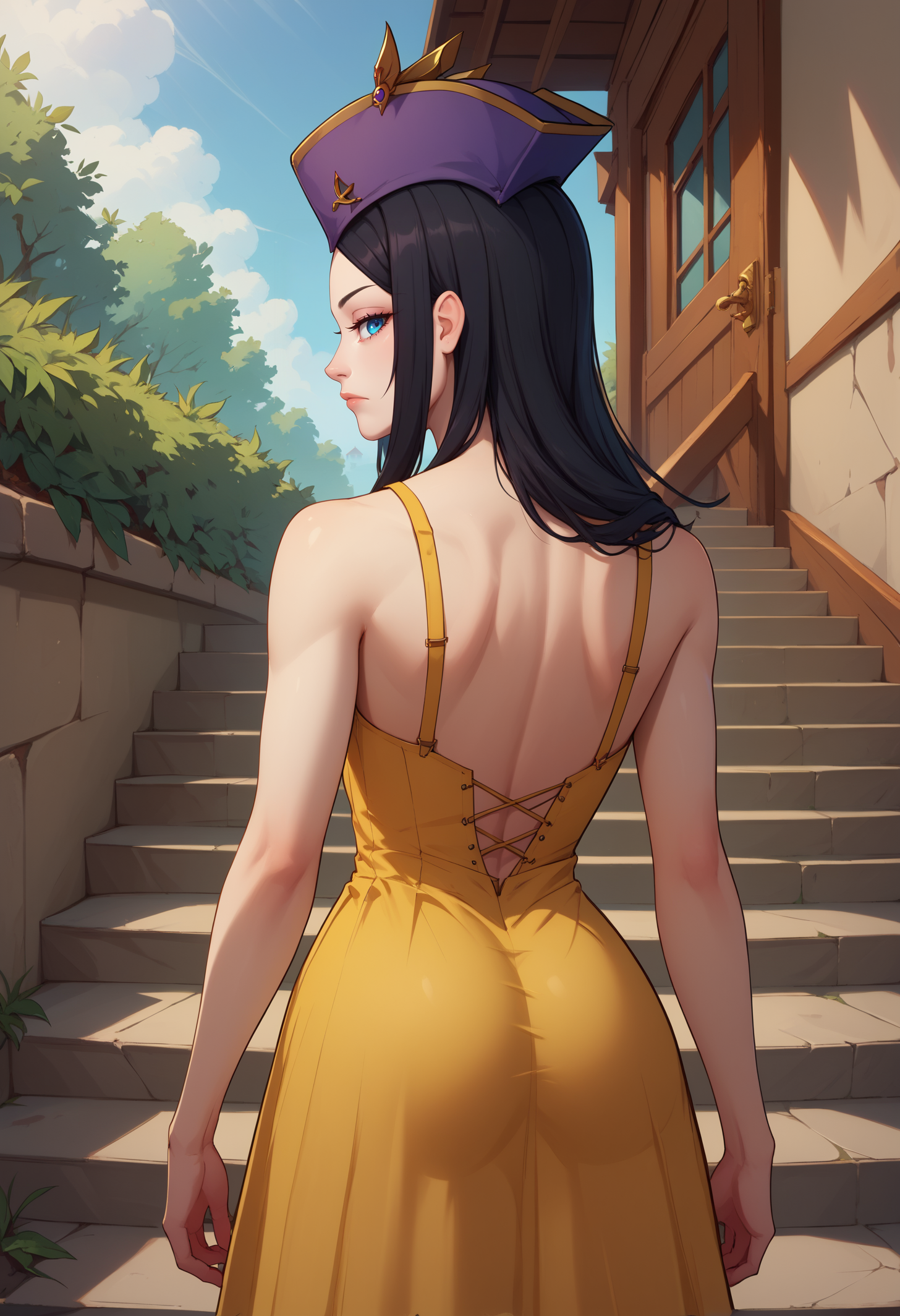 score_9, score_8_up, score_7_up, BREAK 1girl, solo, Luchika, blue eyes, long hair, black hair, <lora:LuchikaPDXL_V1-Manityro-CAME:1.0>, outdoors, stairs, bush, 
looking at viewer, expressionless, from behind,
military cap, yellow dress, sundress