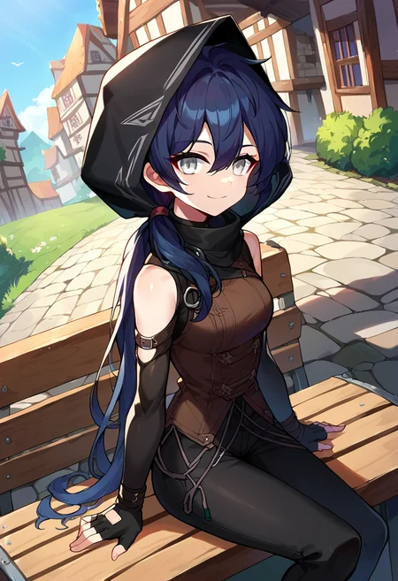 score_9,score_8_up,score_7_up,source_anime,zPDXL3,fantasy,town,wooden bench,sitting,
*//*,<lora:Adventurer_Archer_Pony:1>,pathfinder_new,1girl,solo,black hair,long hair,ponytail,grey eyes,hair between eyes,long sleeves,black bodysuit,black hood,hood down,shoulder cutout,black pants,fingerless gloves,black gloves,black vest,
*//*,looking at viewer,cowboy shot,dutch angle,light smile,