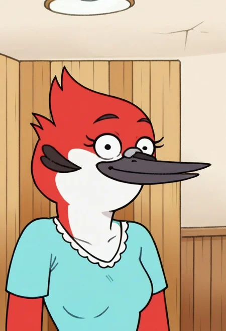 score_9,score_8_up,score_7_up, 1girl, solo, furry, anthro bird, DeniseSmith_RS, red feather skin, black eyes, light blue polo shirt, looking at viewer, indoors, room background, (perfect eyes, perfect smile) (portrait)
