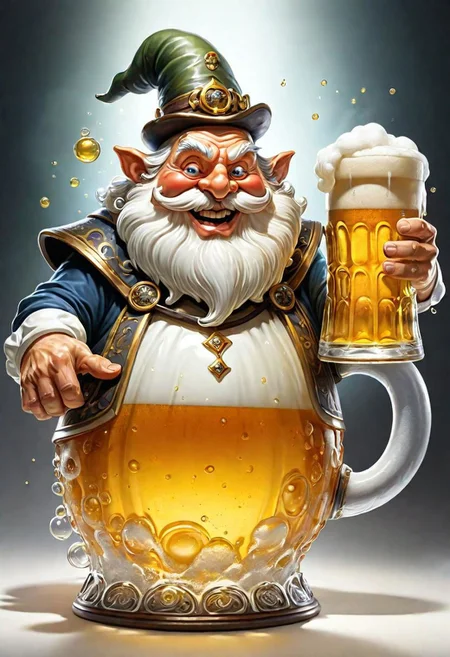 hyper detailed masterpiece, dynamic, awesome quality,
transparent beer spirit,Mythical jovial rotund being,lighthearted convivial joy, clusterd with yellowish floating foamy beer bubbles,
Resembles a friendly well dressed ghostly ethereal otherworldly brewer master
large overflowing {tankard|beer stein},
frothy beer foam on head,
spreading merriment and good cheer,
twinkle in its eye, hearty laugh,
