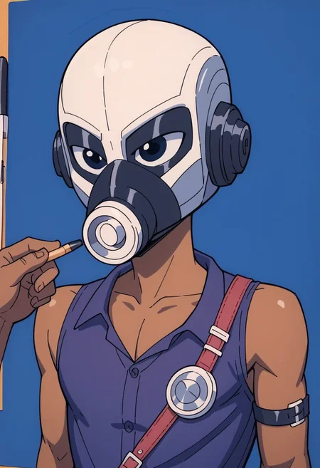 marker \(medium\), traditional media, solo, intricate details, high quality, score_9,score_8_up,score_7_up,score_6_up,score_5_up,score_4_up, source_cartoon, wearing gashelm, solo, helmet overlapping face, simple background, 1boy, upper body, male focus, purple collared shirt, blue background, dark-skinned male, flat colors, neck, shoulder strap,
