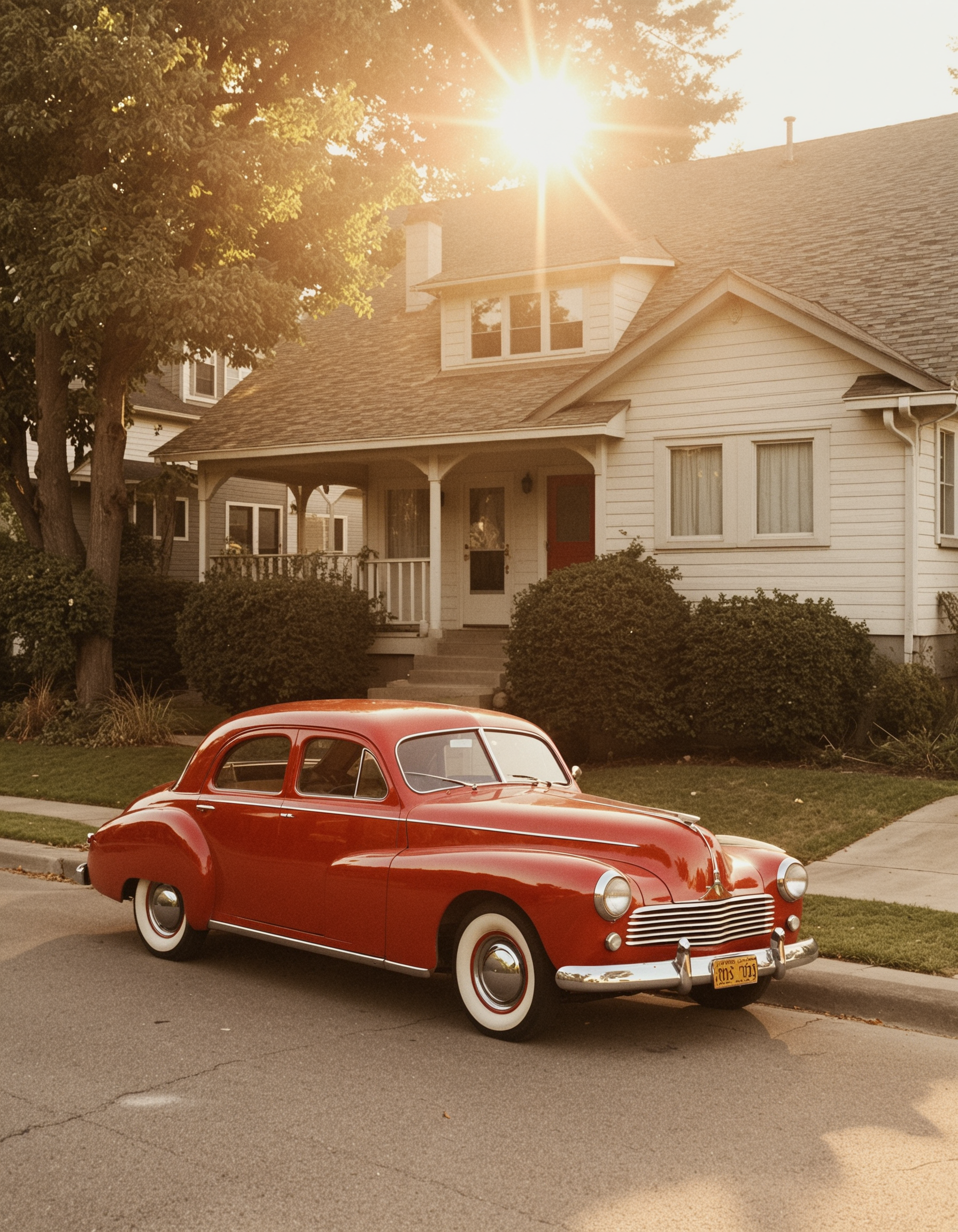 1950's panasonic style, vintage photograph of red car, parked on sidewalk, in front of house, 1940's aesthetic, sun shining in windows and throughout room, warm golden hour light