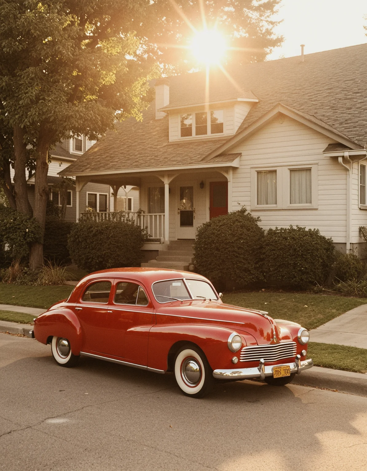 1950's panasonic style, vintage photograph of red car, parked on sidewalk, in front of house, 1940's aesthetic, sun shining in windows and throughout room, warm golden hour light