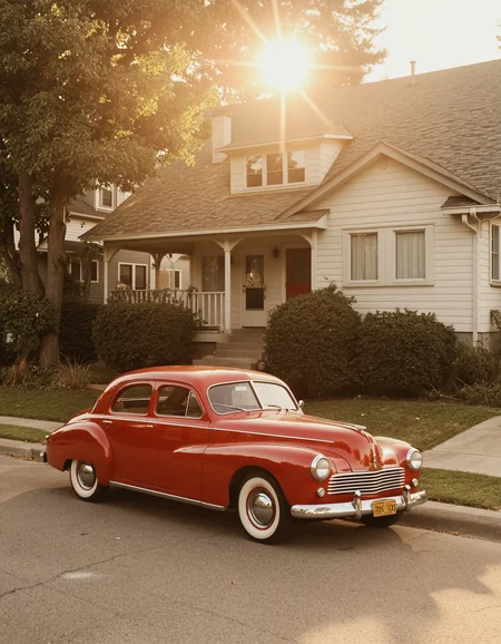 1950's panasonic style, vintage photograph of red car, parked on sidewalk, in front of house, 1940's aesthetic, sun shining in windows and throughout room, warm golden hour light