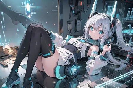 (masterpiece), (science fiction:1.4), 1girl, lying on the back on a mirror, lying on the back on a mirror, lying on the back on a mirror, smile, silver hair, aqua eyes, headgear, long sleeves, detached sleeves, glowing energy clothing, light particles, energy particles, perfect hands, perfect legs