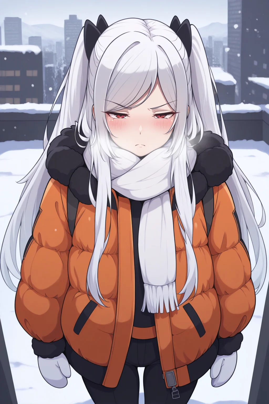masterpiece, best quality, 1girl, solo, <lora:alexiamidgar-illu-nvwls-v1-000006:1> amidgar, white hair, red eyes, two side up, long hair, orange jacket, puffy jacket, black pants, winter, white scarf, mittens, oversized jacket, snow, city, looking at viewer, cold, blush, annoyed, half-closed eyes