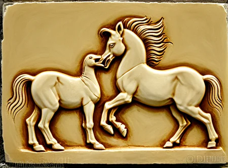 Bas-relief of a pony biting a Duck, <lora:Bas-relief-000004:1>