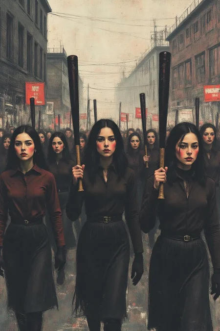 apoca1 illustration. a group of women marching, holding baseball bats. The background is a dark gray brick wall, and the sky is a light gray <lora:apocalypse_now1_fl_d4a2:1.0><lora:803273882384601259:0>