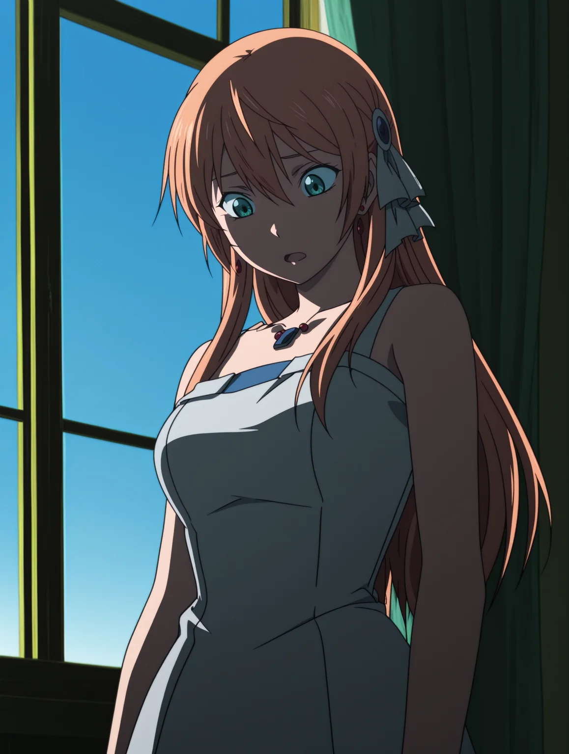 anime coloring,anime screencap,
 <lora:Remercier_Nike_Illustrious:1>
remerciernike, looking down, window, long bangs, jewelry, hair ribbon, hair ornament, open mouth, standing, facing viewer, 1girl,solo,
masterpiece,best quality,amazing quality,