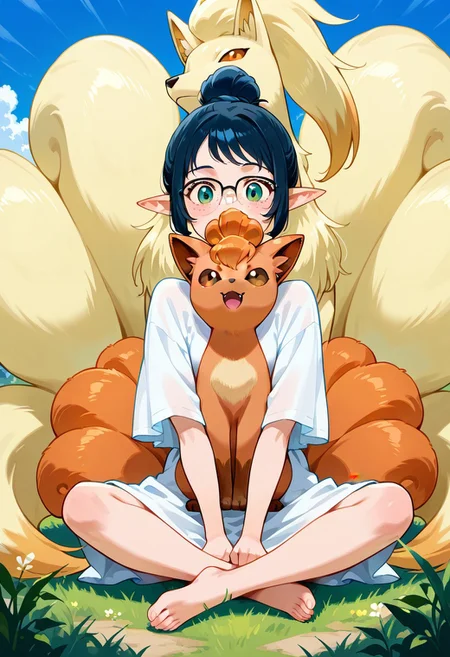 masterpiece, best quality, amazing quality, very aesthetic, absurdres, 1girl with 1other, other with female, trio, BREAK
(petite elf, 1girl, pointed ears, black hair, green eyes, single hair bun, glasses, freckles, white dress, barefoot, holding vulpix). BREAK
(1other, vulpix, amber eyes)
BREAK
(1other, ninetales, female ninetales, amber eyes)
river, grass, blue sky, sitting, on ground, happy, dynamic pose, perspective, outdoors, plants,