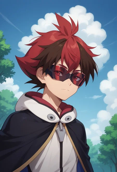score_9, score_8_up, score_7_up, source_anime, highly detailed,
hiroryuga, 1boy, male focus, solo, red hair, multicolored hair, two-tone hair, cape, visor glasses, upper body,
brown hair, hood, stretched arm,
outdoor, sky, clouds, tree