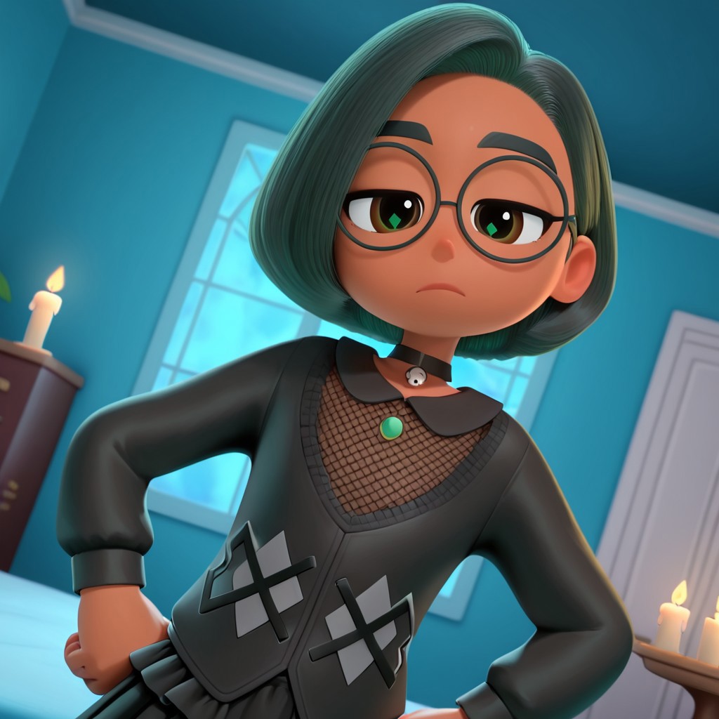 Green_Leaf, 1girl, solo,Goth girl, tan skin, brown_eyes, short hair, bobbed hair, Gothic round glasses, black  eyeshadow, black makeup, black_hair, Choker, black leather corset top, Mesh shirt, black long-sleeve Top, black ruffle Skirt, black knee-high Boots, (Bored,dutch angle, Hands on hips,naughty pose, looking at viewer, indoors, Dark room, candle, blue light, skull, dynamic pose, upper body, head tilt,),