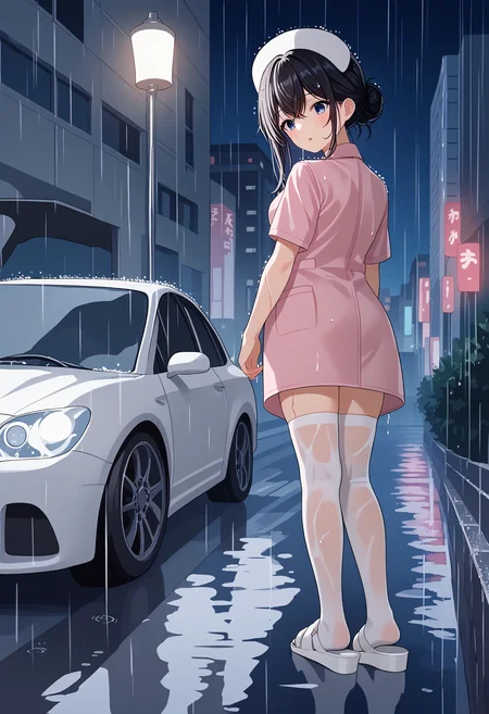 score_9, score_8_up, score_7_up, source_anime, rating_explicit,
BREAK
<lora:shiRainingV1:1>, shirain, rain, night,
outdoors, wet, wet hair,
building, city, lamp, skyscraper, car, looking back,
1girl, solo,
<lora:shiYumenaIshikawaV1:0.8> shinishikawa,
long hair, hair between eyes, blue eyes, pink shirt, black hair, white headwear, nurse cap, nurse, short sleeves, pink dress, thighs, legs, open mouth, white thighhighs,
holding, hair bun, head tilt, blush, parted lips,
<lora:shiNurseSandalsV1:0.9>, shinursesandals,