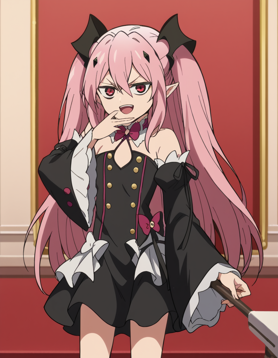 score_9, score_8_up, score_7_up, source_anime, <lora:krul-tepes-s2-ponyxl-lora-nochekaiser:1>, krul tepes, long hair, red eyes, pink hair, pointy ears, hair ornament, anime screencap, dress, bare shoulders, detached sleeves, wide sleeves, detached collar, black dress, bowtie,, staff room, table, chairs, coffee machine, relaxation, smile, <lora:ojou-sama-pose-ponyxl-lora-nochekaiser:1>, ojou-sama pose, laughing, smug, hand to own mouth, open mouth,, looking at viewer, solo,, dutch angle, cowboy shot