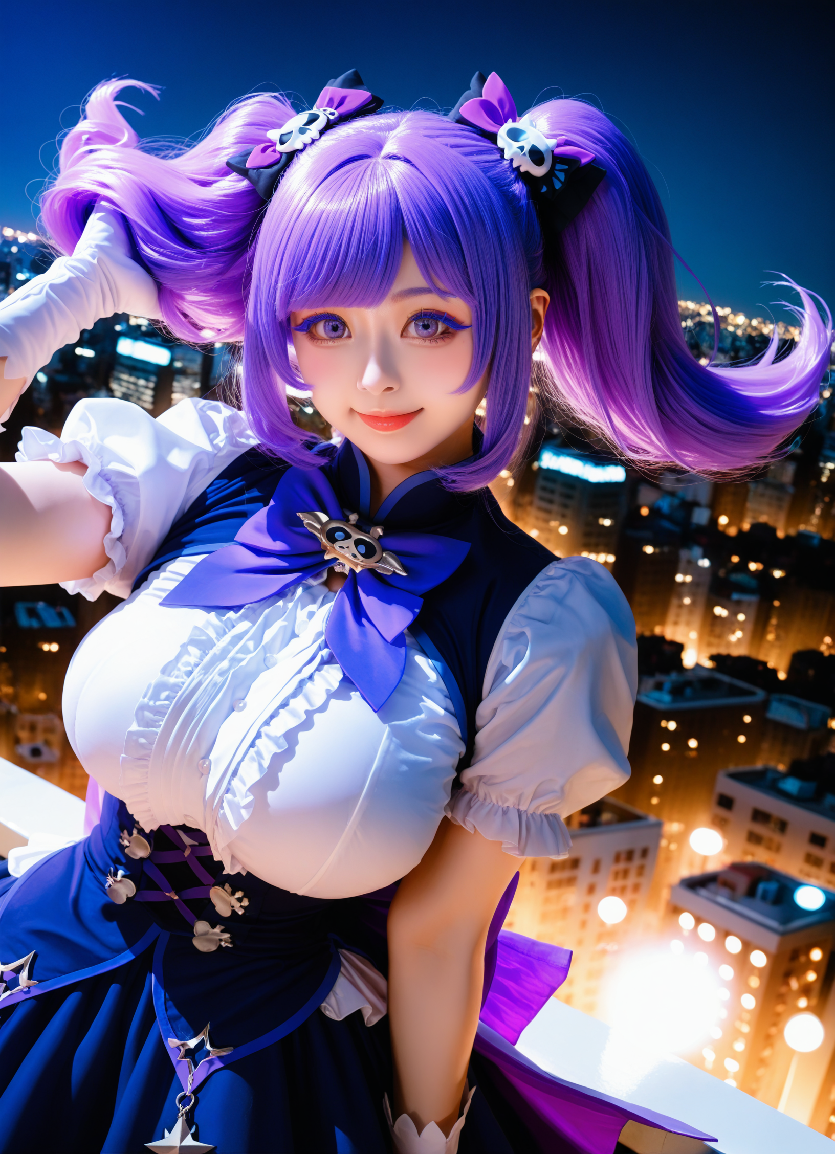 1girl,
Lanmei haoxiongdi,<lora:lanmeinoob-000014:0.8>,(realistic:1.1),(cosplay:1.05),
twintails,purple hair,Purple eyelashes,solo,perfect face,realistic skin,cute,bedutiful eyes,magical girl,bow,gloves,white gloves,purple bow,white shirt,skull hair ornament,looking at viewer,hair ornament,large breasts,slender waist,black bow,hair bow,dress,frills,
(night:1.2),city lights,cityscape,depth of field,(evening:1.1),gradient sky,lens flare,skyline,skyscraper,star,smile,floating hair,outdoors,rooftop,
portrait,close-up,
masterpiece,best quality,very aesthetic,absurdres,movie vibe,8k,RAW photo,(photo-realistic:1.1),soft lighting,perfect composition,<lora:add-detail-xl:1>,<lora:ClearHand-V2:1>,<lora:DetailedEyes_V3:1>,