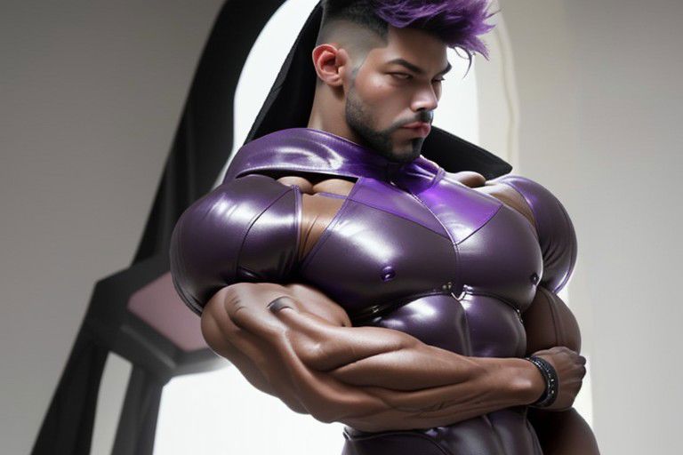 Muscle mainly Gay hare, Purple fure, human dody forward bended long eirs, wearing black leather harnes