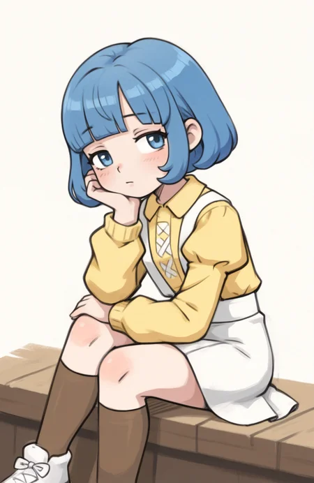 1girl, solo, <lora:qtkat:0.9> qtkat, traditional media, watercolor \(medium\),
<lora:Seraphi-DQX:0.8> seraphi \(dqx\), bob cut, blue hair, blunt bangs, grey open sweater, cross-laced sweater, juliet sleeves, yellow collared shirt, sleeveless dress, white suspender skirt, brown over-kneehighs, white yeezy, sitting, chin resting on hand, thoughtful gaze, pensive expression, calm expression, extremely detailed, highres, masterpiece, best quality