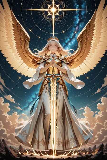 embedding:lazypos, 1girl, short platinum blonde hair, radiant golden armor, intricate engravings, celestial wings, holding a glowing longsword, floating in a starry sky, divine presence, dramatic lighting, close up <lora:TrendCraft_The_Peoples_Style_Detailer-v1.0A-3_13_2025-illustrious:0.6>