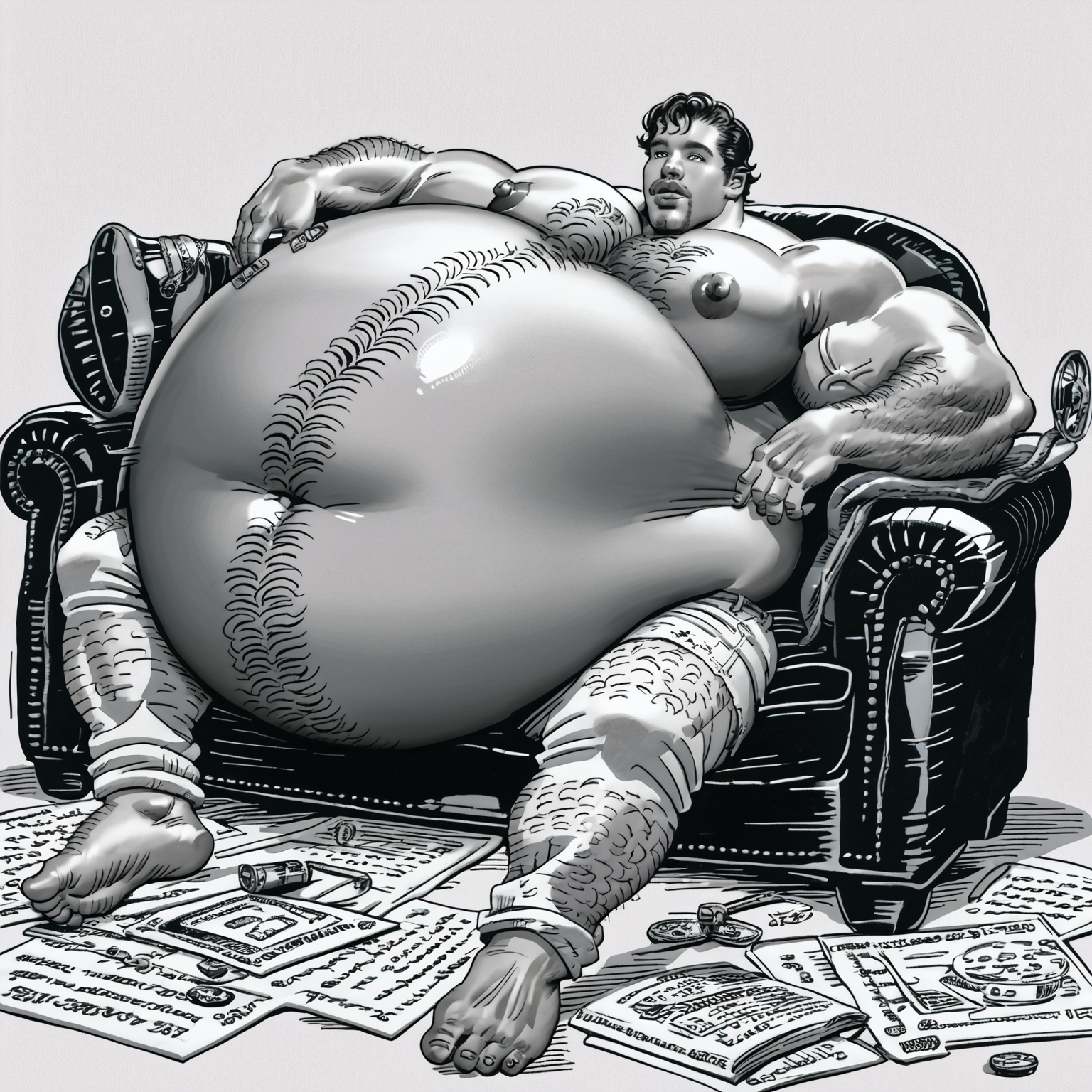 score_9, score_8_up, score_7_up, warren_davis, male, ((gigantic belly, hyper fat)), belly expansion, reclining, barefoot, hyper biceps, hairy, huge pecs, muscular legs <lora:Warren_Davis_mix_v2:1>, big nipples,