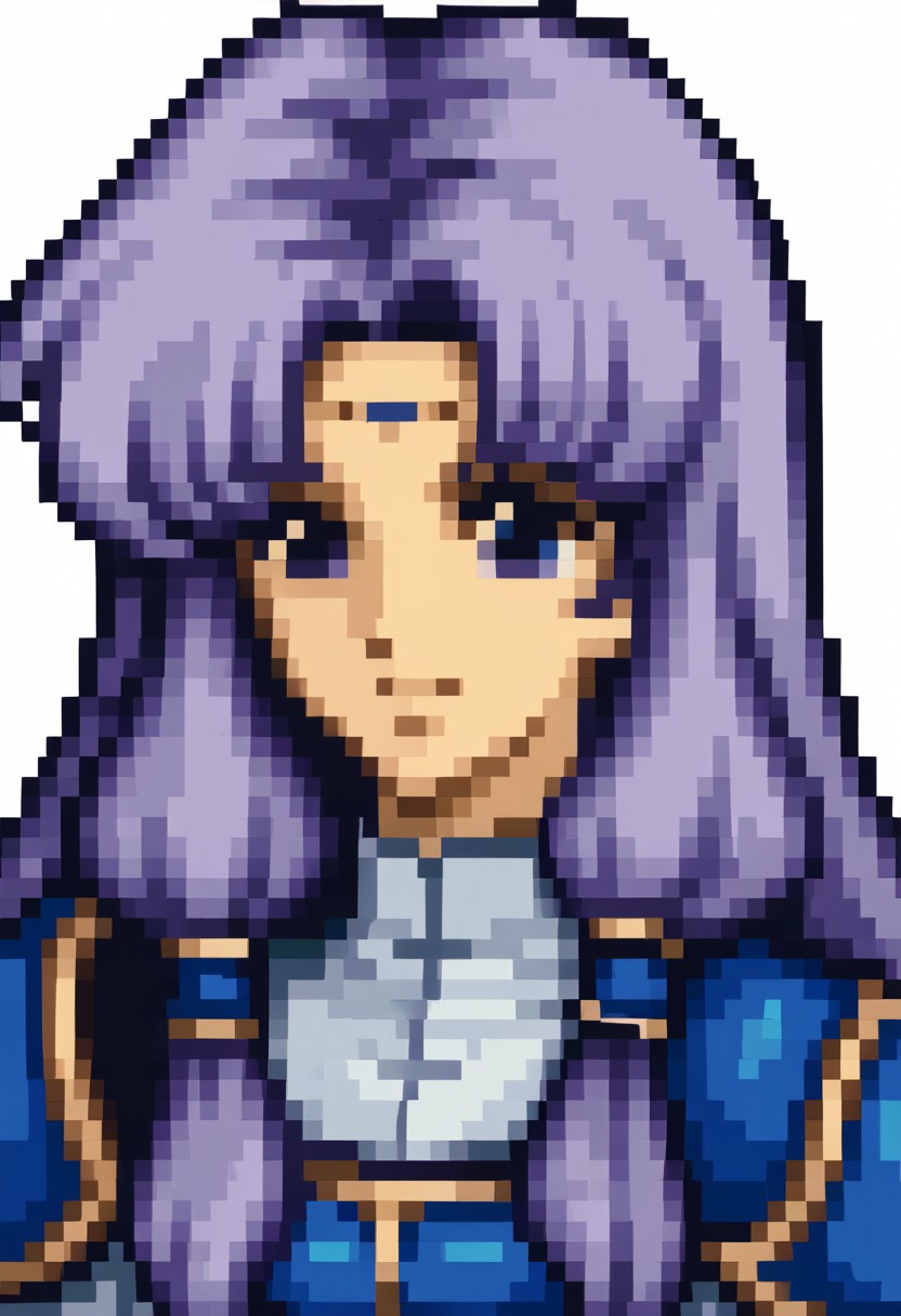 score_9, score_8_up, score_7_up, source_anime, 1girl, solo, smile,
<lora:zs_FE4PortraitsXL:1> fe4portraits, portrait, pixel art, white background
,<lora:NSFlorinaFE7:1> NSFlorinaMain, white dress, blue breastplate, blue pauldrons, circlet, parted bangs, high collar, light purple hair, long hair, low-tied sidelocks
