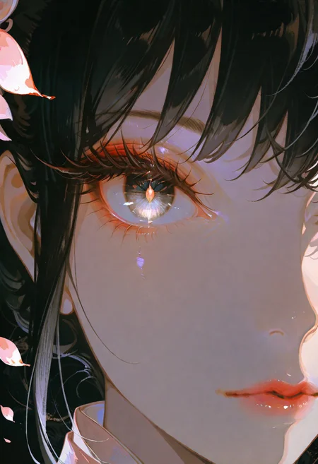 masterpiece, best quality, good quality, very aesthetic, absurdres, newest, surreal, 1girl, delicate hanfu, eye focus, Makeup, long eyelashes, Perfect face, black hair, Cherry blossom petals cover half face, Bright eyes, eye reflection, dark athmosphere, black theme, dark theme, looking at viewer, Close Up, (straight on:1.2), detailed eyes, easynegative, verybadimagenegative_v1.3, demonic, ghost, usnr